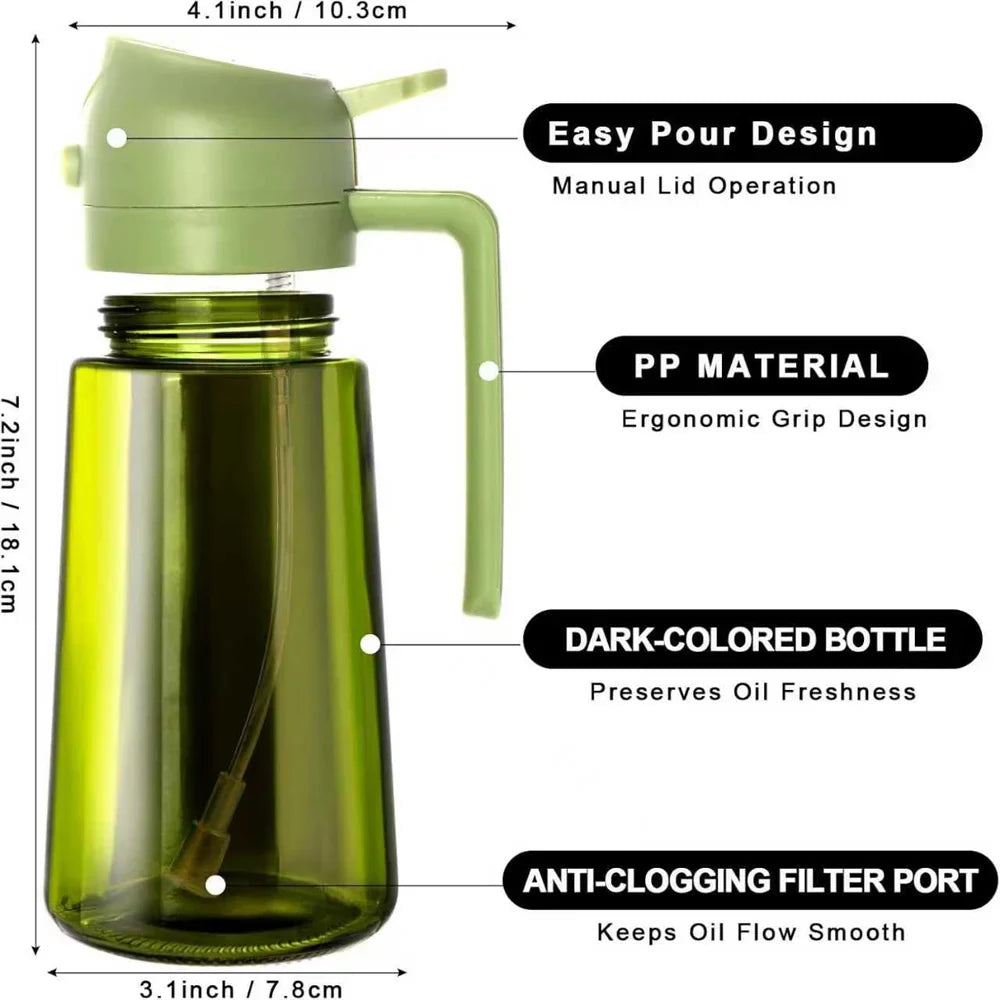 Easy oil sprayer with green bottle, manual lid pump, and PP filter spout