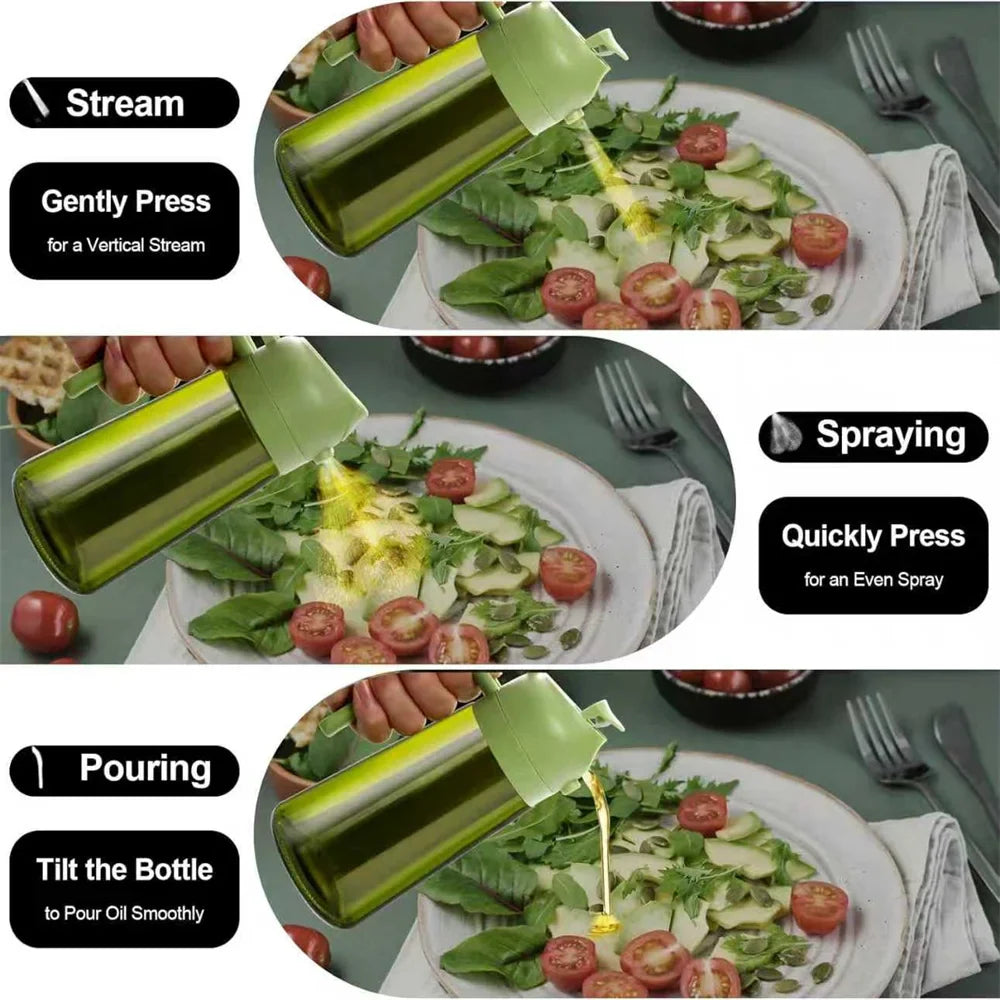 Easy oil sprayer bottle showing stream, pouring, and spraying over salad