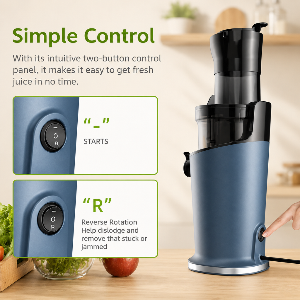 Blue countertop juice maker with control panel and upright feeding chute
