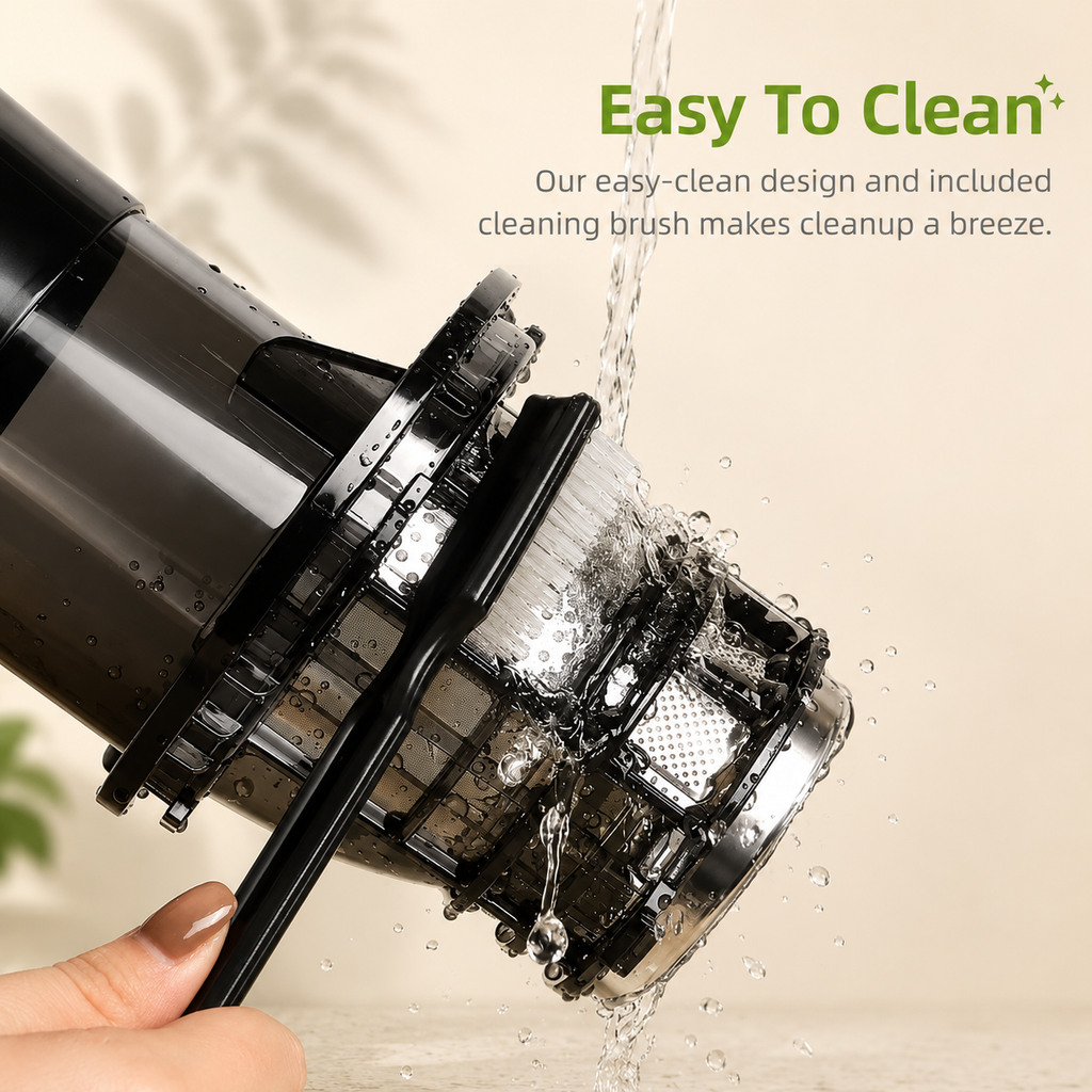 Juice maker with rotating blades under a water spray for easy cleaning