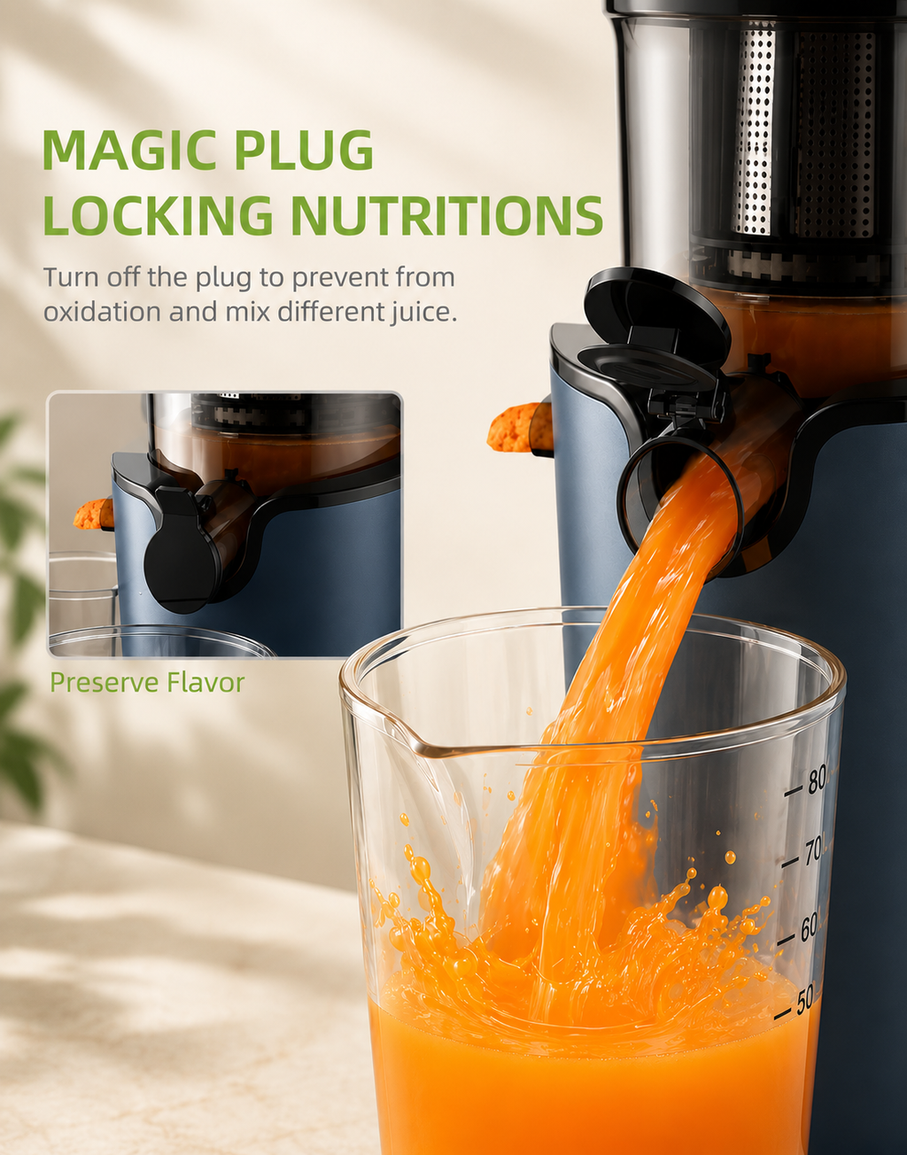 Dark and blue juice maker with locking top and orange juice flowing into glass