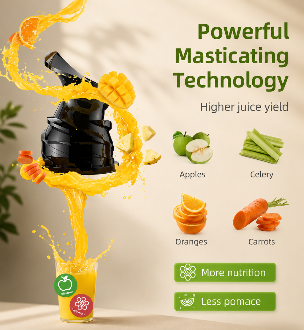 Blue juice maker with masticating chamber and bright orange juice stream