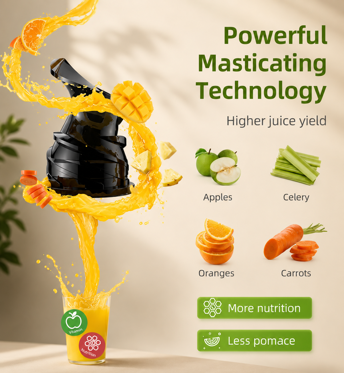 Blue juice maker with masticating chamber and bright orange juice stream