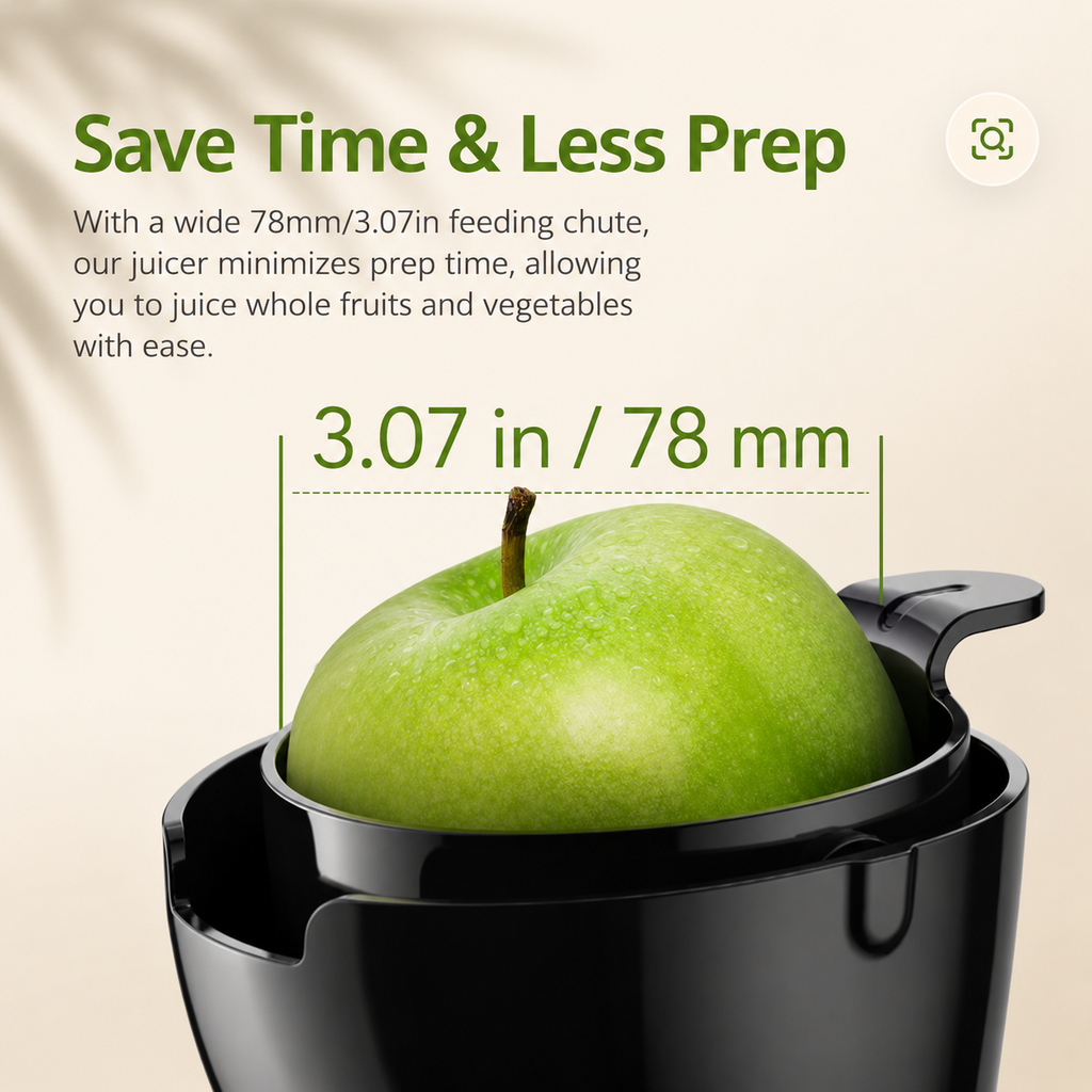 Black and silver juice maker with wide feeding chute for whole produce