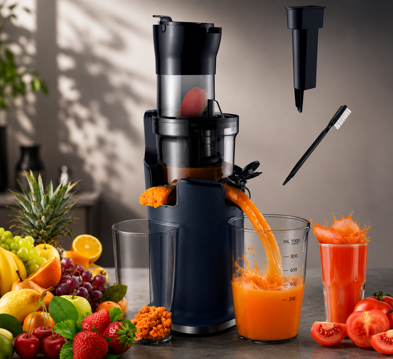 Blue juice maker with long spout dispensing orange juice beside clear cups