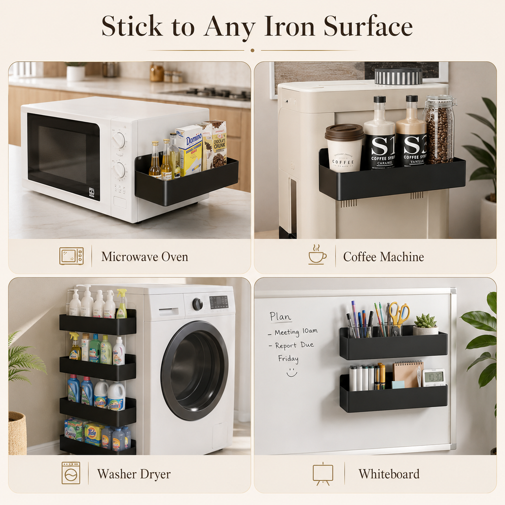 Magnetic kitchen storage rack, black shelves for microwave, coffee machine, washer and whiteboard