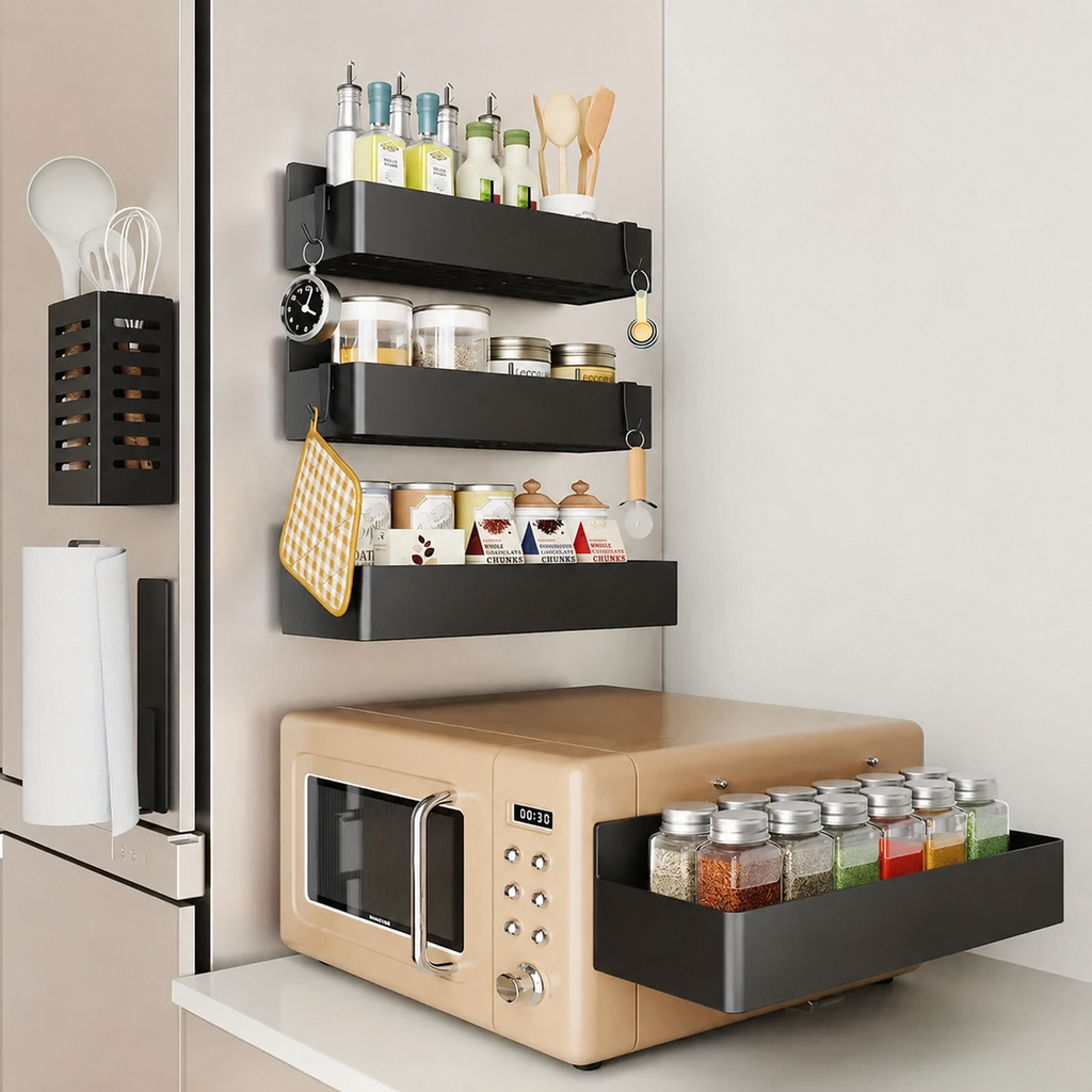 Magnetic kitchen storage rack set, black wall shelves and countertop spice holder