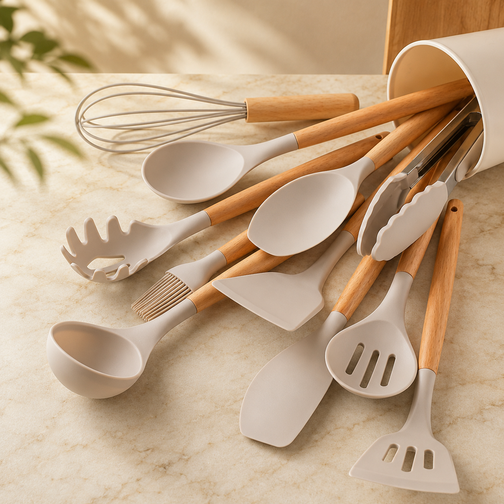 Silicone kitchen utensil set with white heads and wooden handles in storage holder