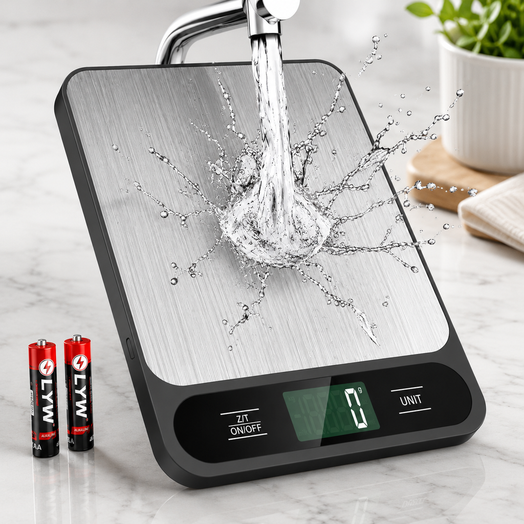 Digital kitchen scale with silver platform and black base, LCD display reading
