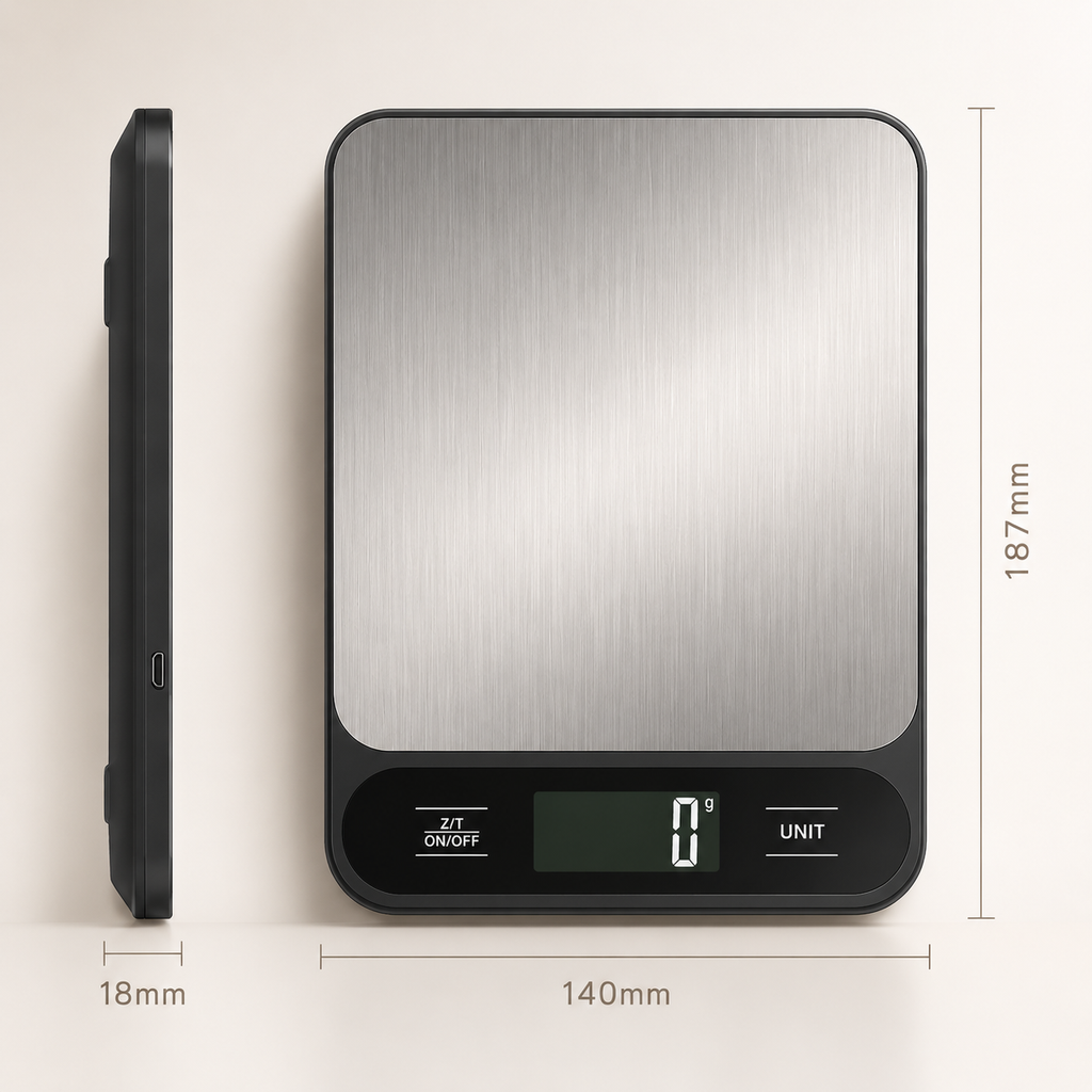 Digital kitchen scale side view with brushed metal platform and black base, compact