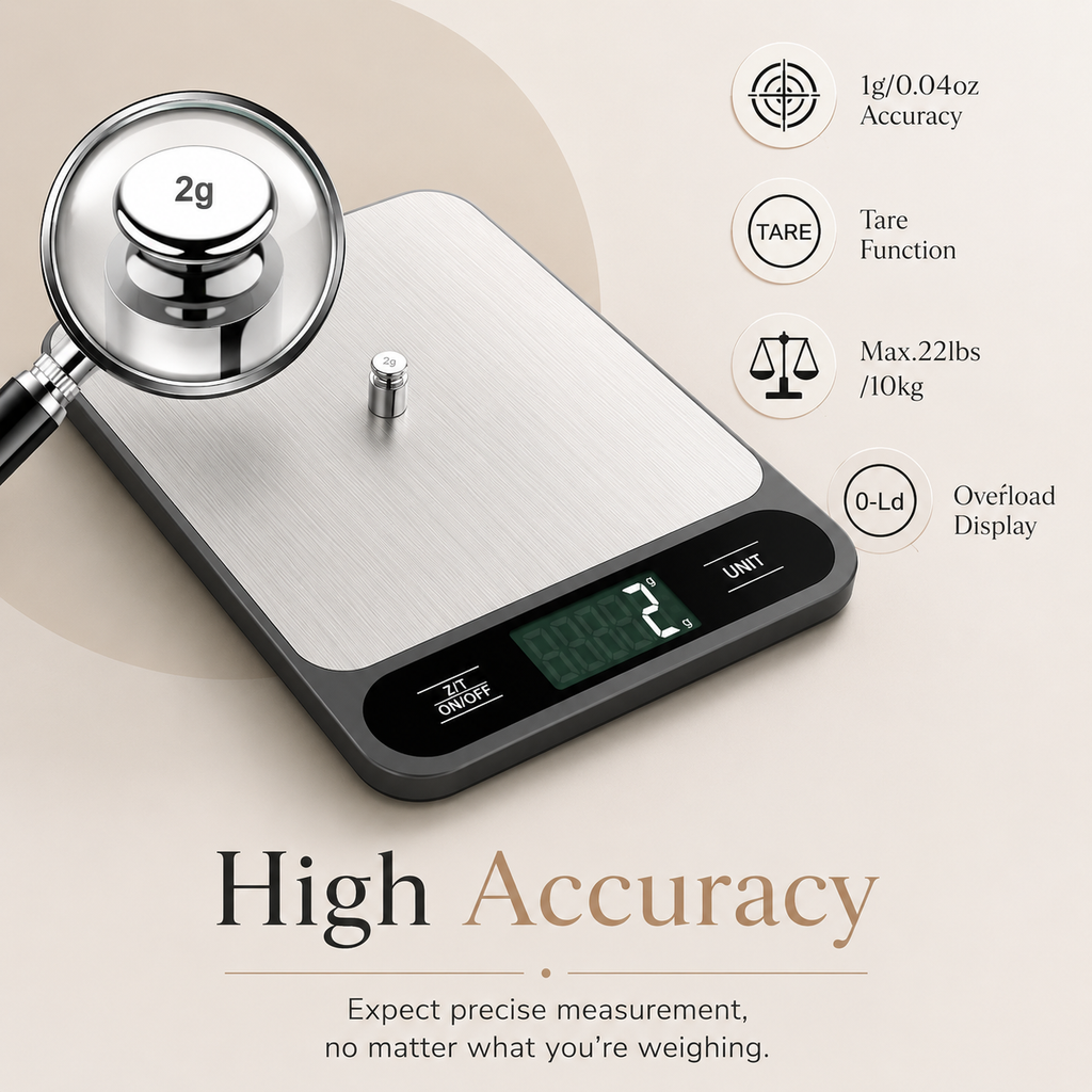 Digital kitchen scale with brushed metal platform, black base, tare and overload icons