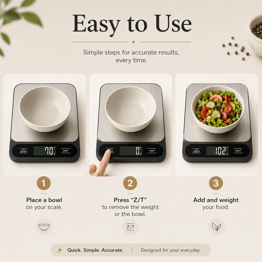 Digital kitchen scale steps for use showing silver platform and black base, LCD display