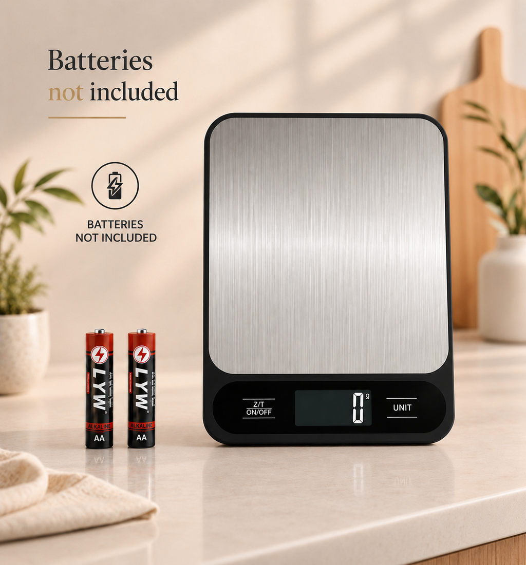 Digital kitchen scale with brushed metal platform and black base, LCD display front