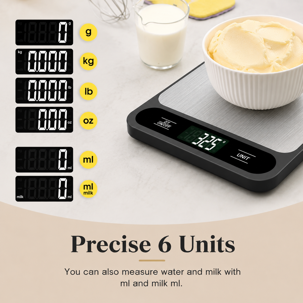 Digital kitchen scale showing multiple unit icons on LCD display, black base and metal