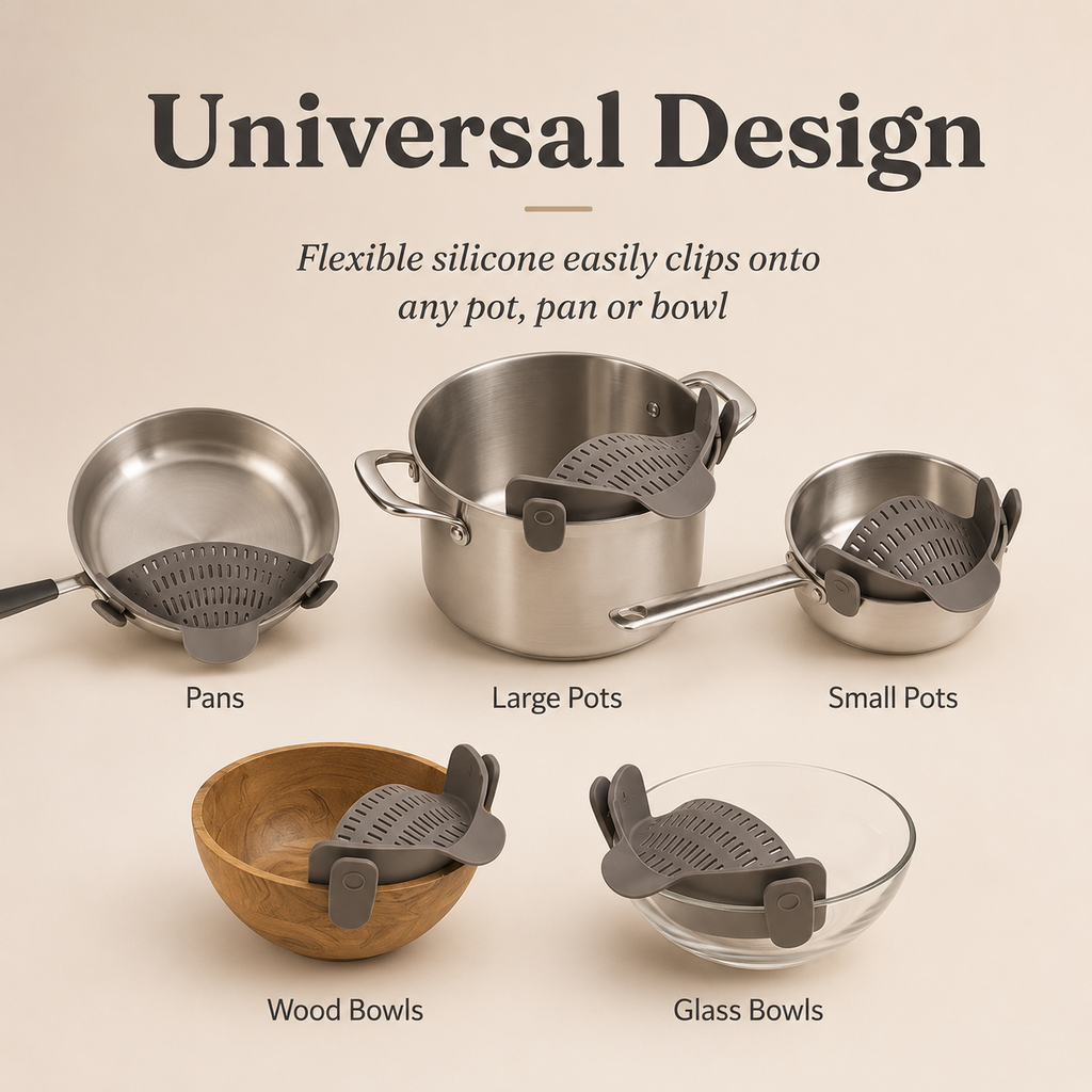 Silicone quick-drain pasta strainer clips for pans, pots, and bowls in three sizes