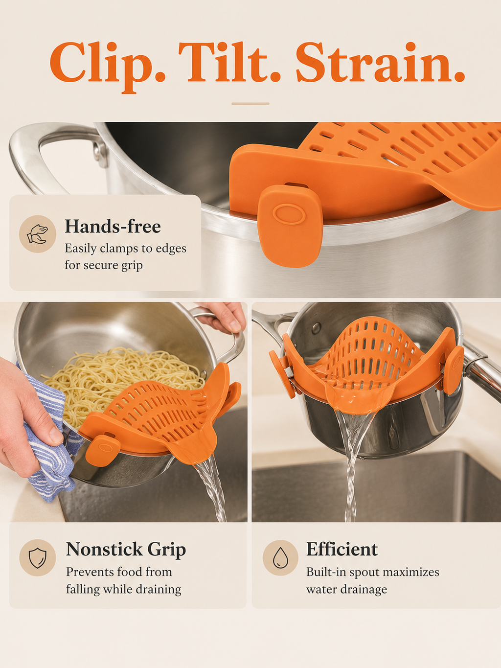 Orange quick-drain pasta strainer with perforated silicone insert and hand grip handles