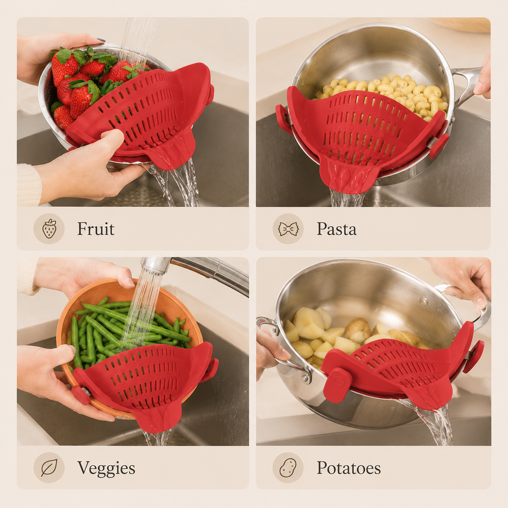 Red quick-drain pasta strainer with perforated silicone insert, tilting to drain