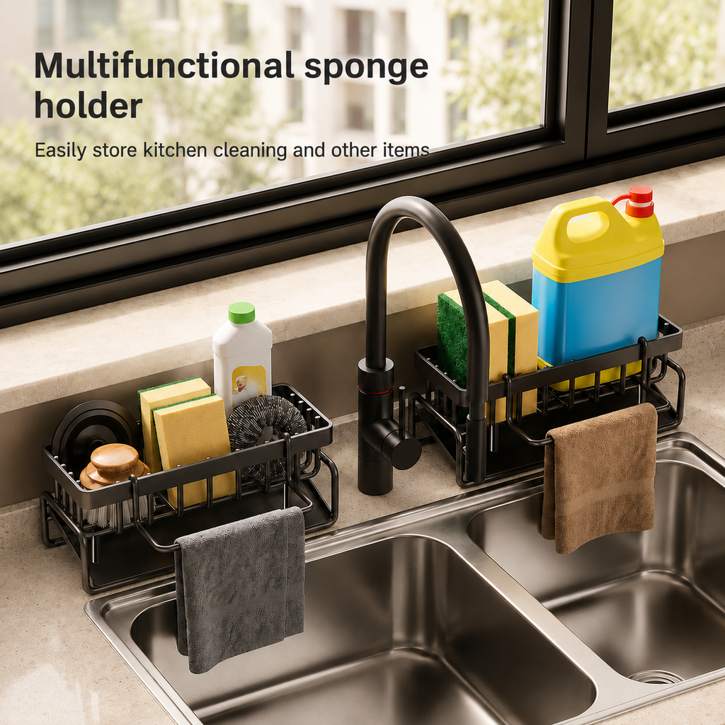 Black multi-sink sponge holder with side compartments and towel bar for kitchen cleaning items.