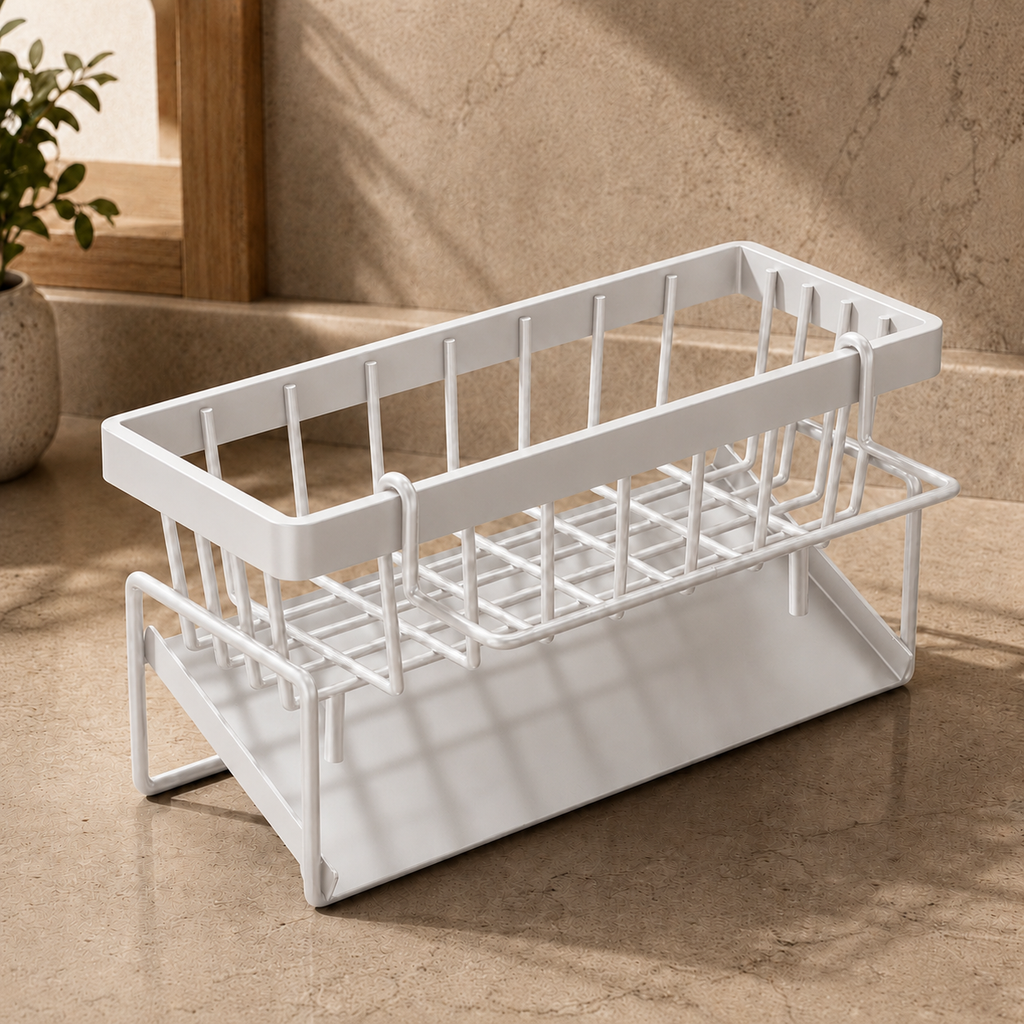 White sink sponge organizer with long top tray and vertical utensil slots, raised mesh rack.
