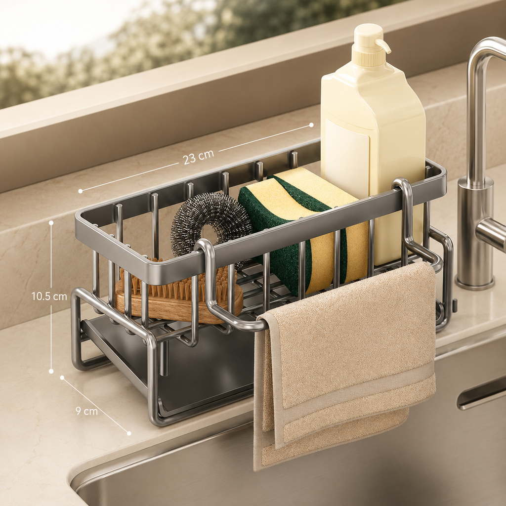 Grey sink sponge organizer with curved towel bar and compartments for sponges and scrub brushes.