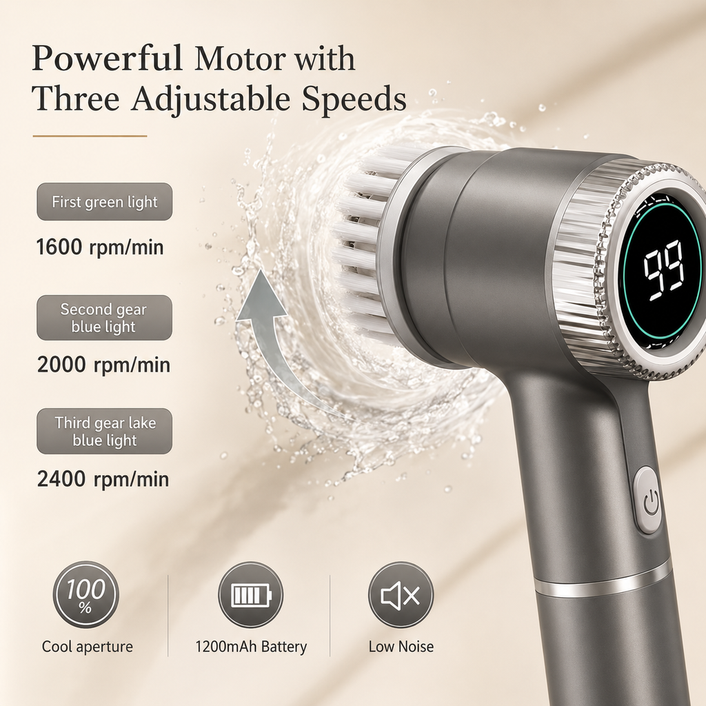 Handheld electric spin scrubber with LED speed screen and rotating bristle head