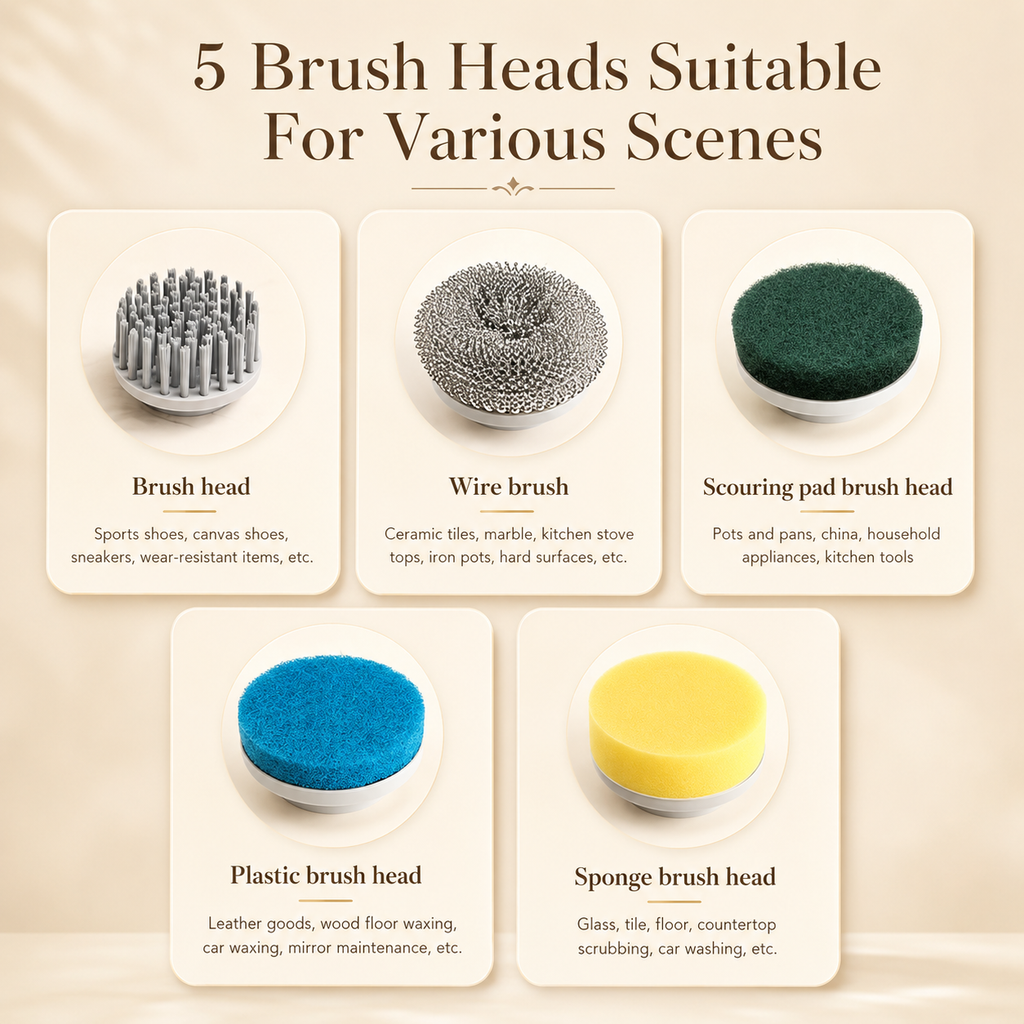 Set of electric spin scrubber brush heads: wire, ceramic, scouring, sponge pads