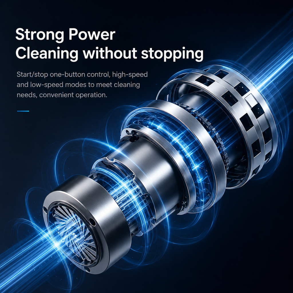 Electric spin scrubber motor and rotating drum mechanism shown in blue light