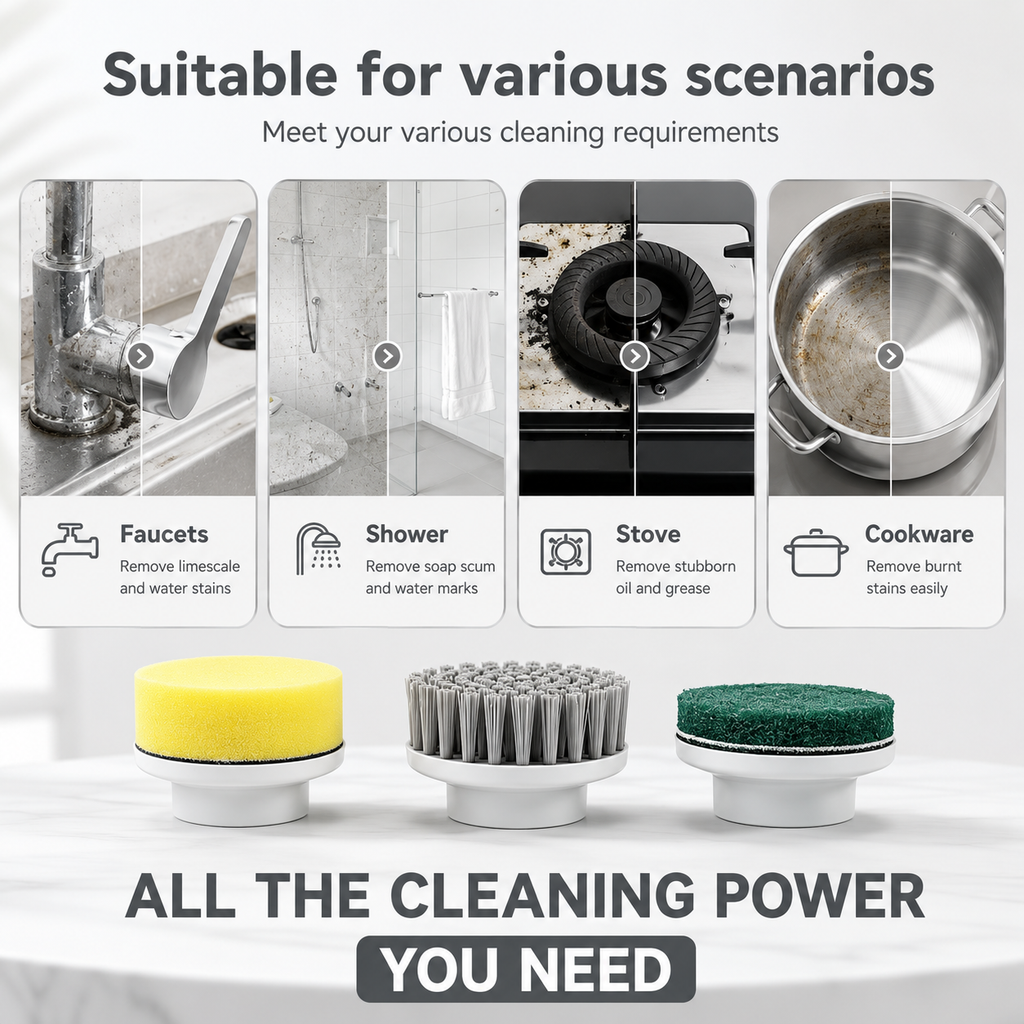 Electric spin scrubber brush heads with sponge pad and scouring pad attachments