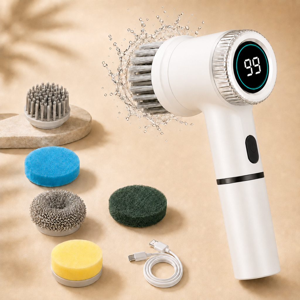 White electric spin scrubber handle with LED display and included brush heads and pads