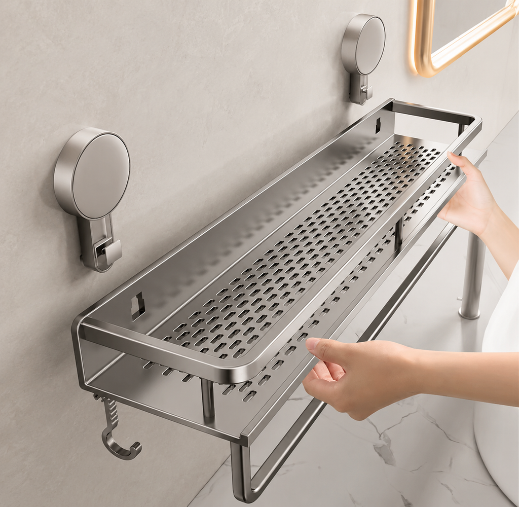 Grey aluminium bathroom shelf with suction cups and perforated drying tray