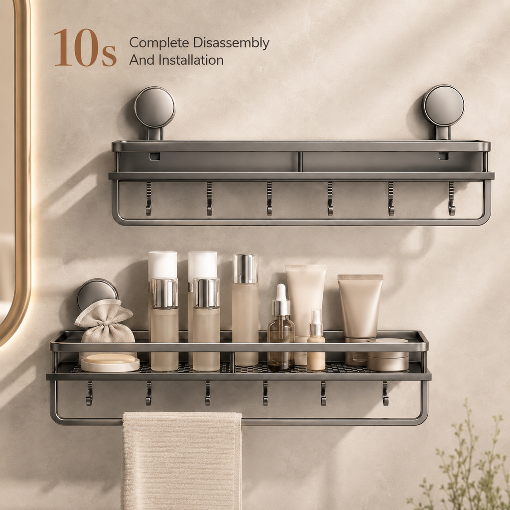 Grey aluminium bathroom shelf with perforated tiers and hanging hooks