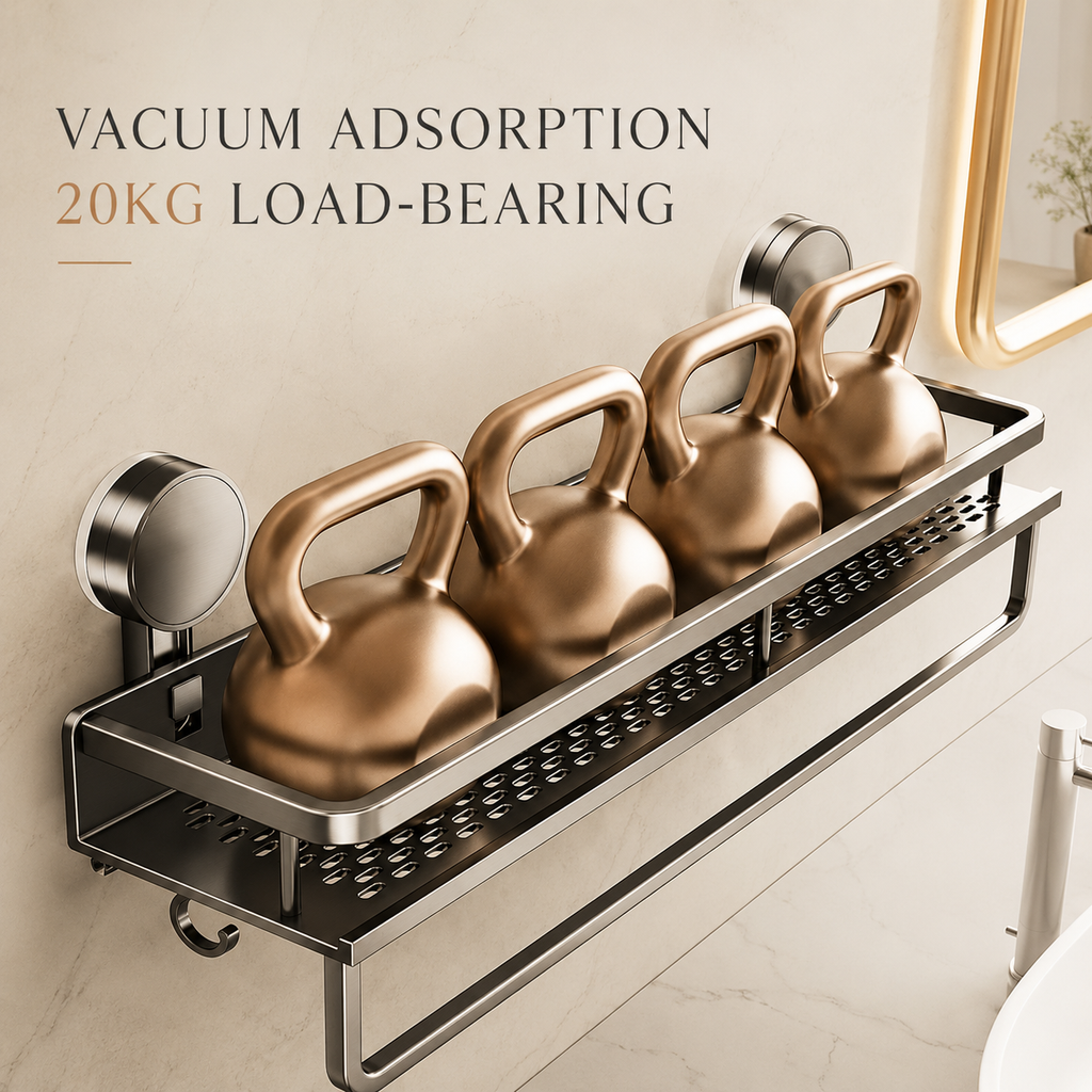 Grey aluminium bathroom shelf with raised guardrail and perforated storage tray