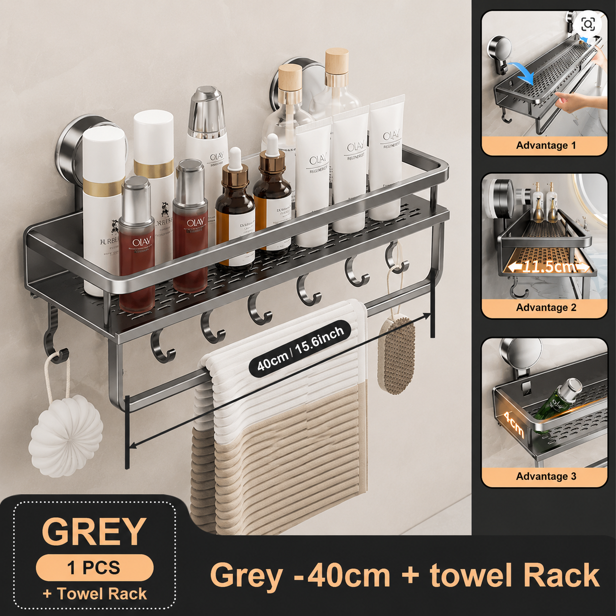 Grey aluminium 40cm bathroom rack with towel rack and hanging hooks