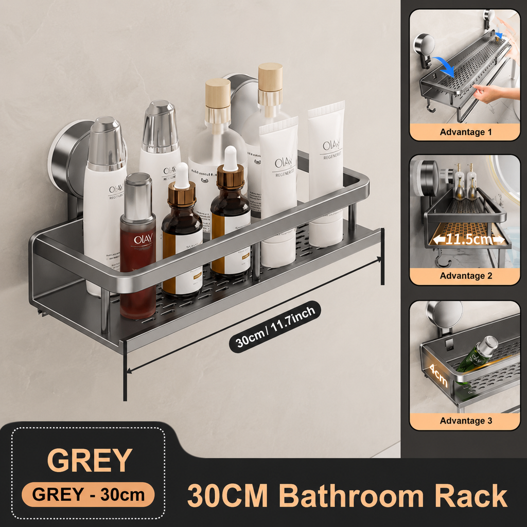 Grey aluminium 30cm bathroom shelf with towel rack and hanging hooks