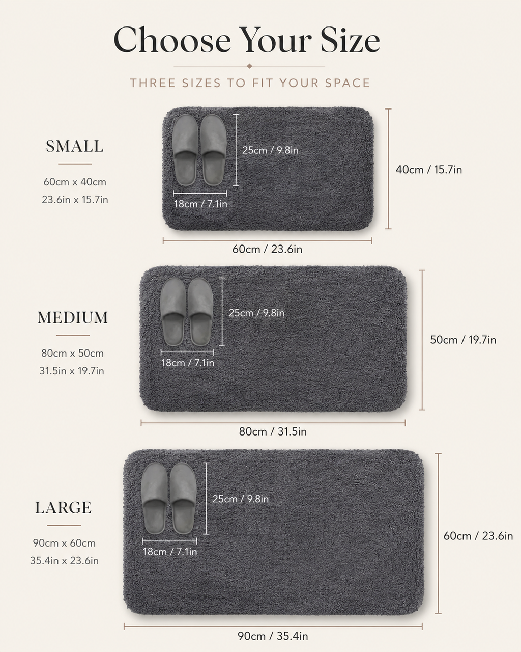 Dark gray plush bathroom mat in small, medium, and large size shapes