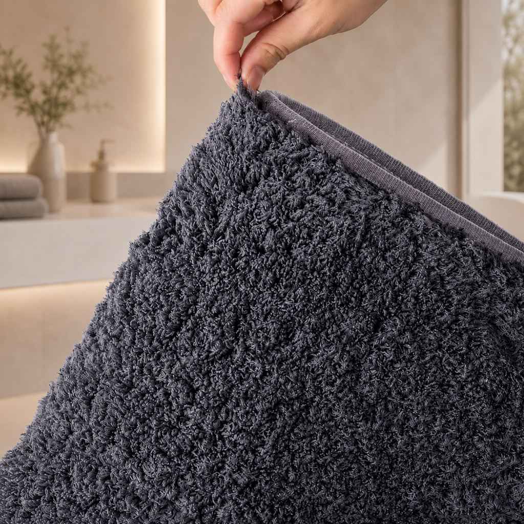 Dark gray shag bathroom mat corner with thick plush pile texture