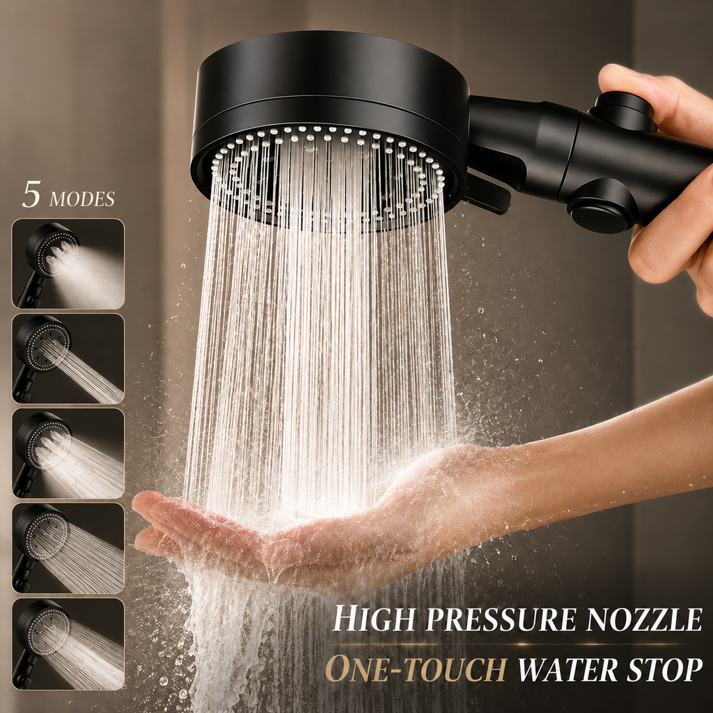 Black handheld shower head with water spray, held by a person's hand