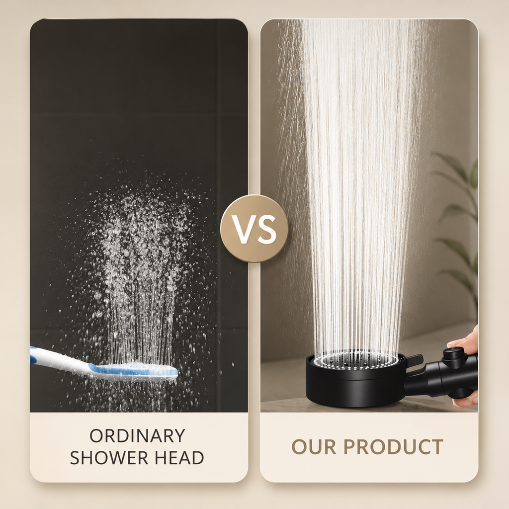 Handheld shower head with high-pressure water stream, two-panel comparison view