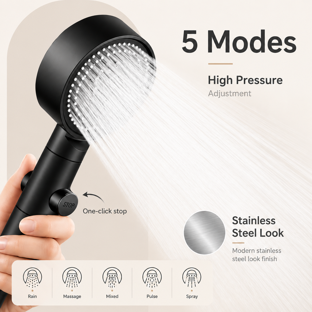 Black handheld shower head spraying water, with one-click stop button detail