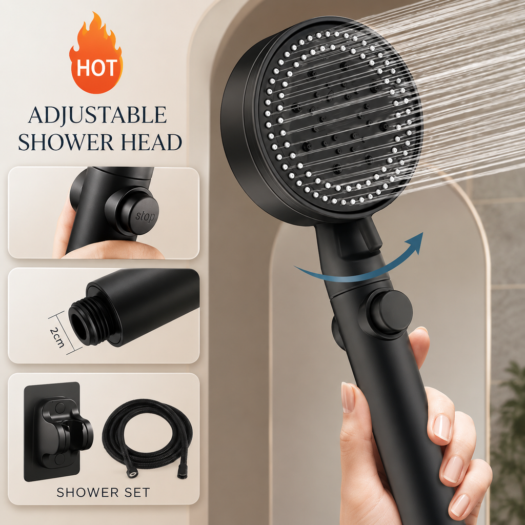 Black adjustable shower head with hose connection and one-touch stop control