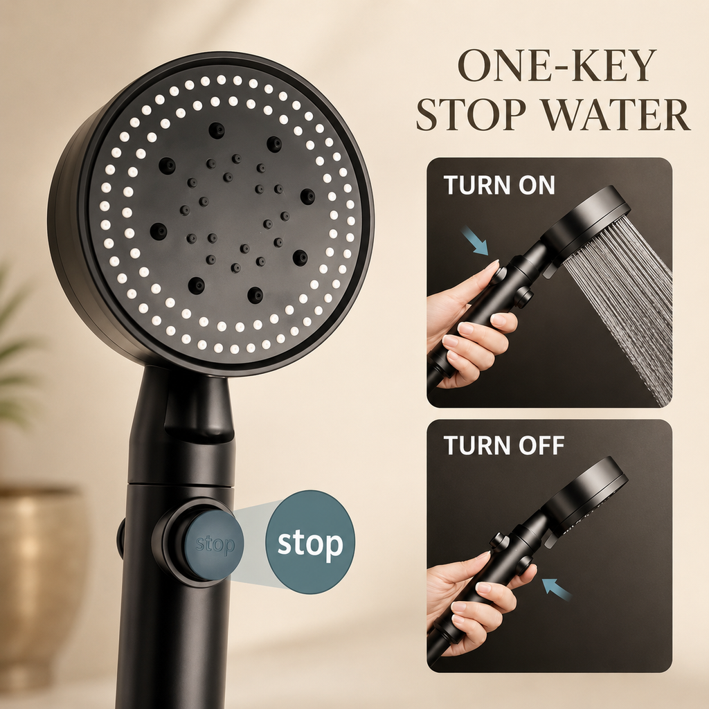 Black shower head face with spray nozzles and one-key water stop switch controls