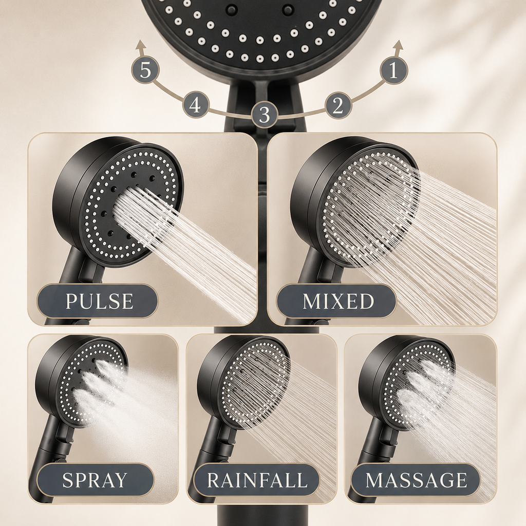 Adjustable shower head showing 5 spray modes on the nozzle face