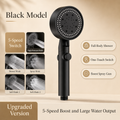 Black handheld shower head with 5-speed switch and full-body shower spray