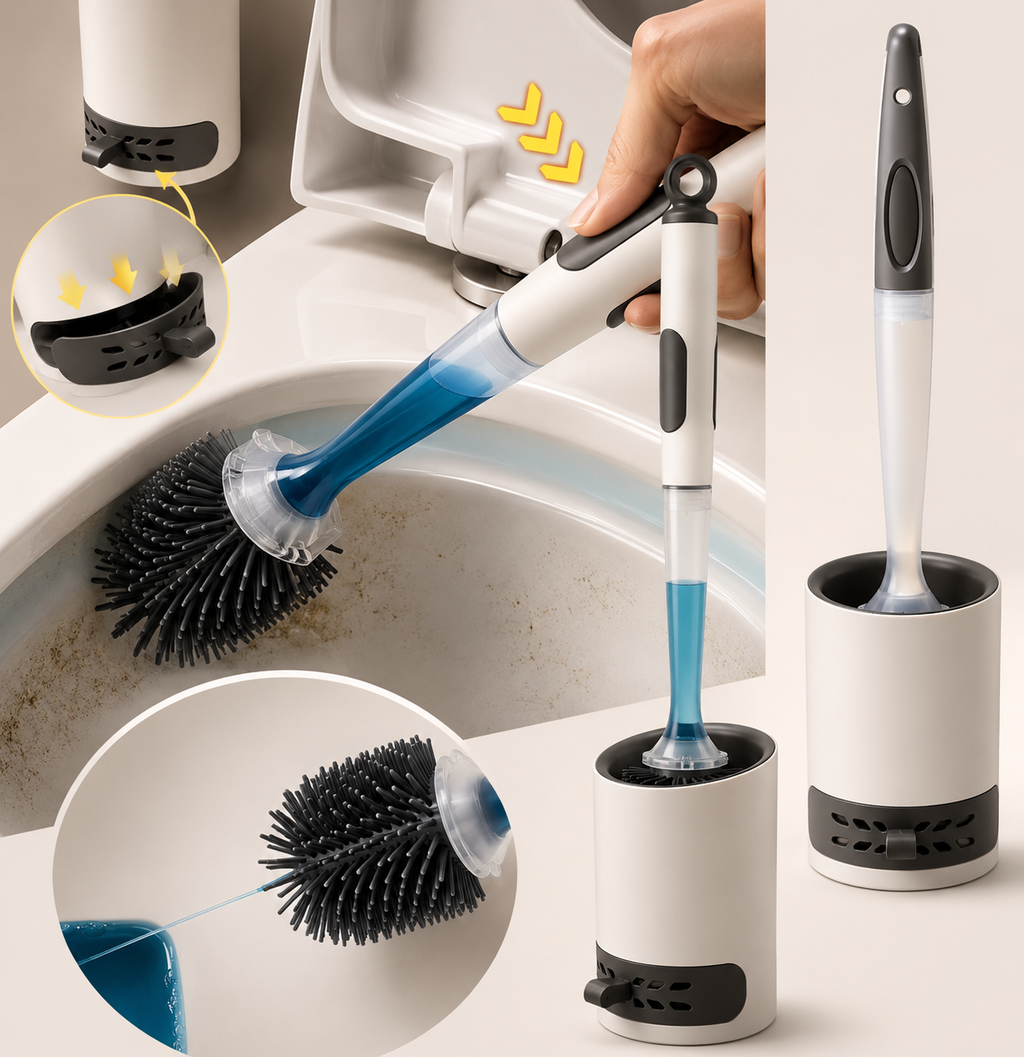 Toilet brush set with white sprayer, blue jet, and black bristle head