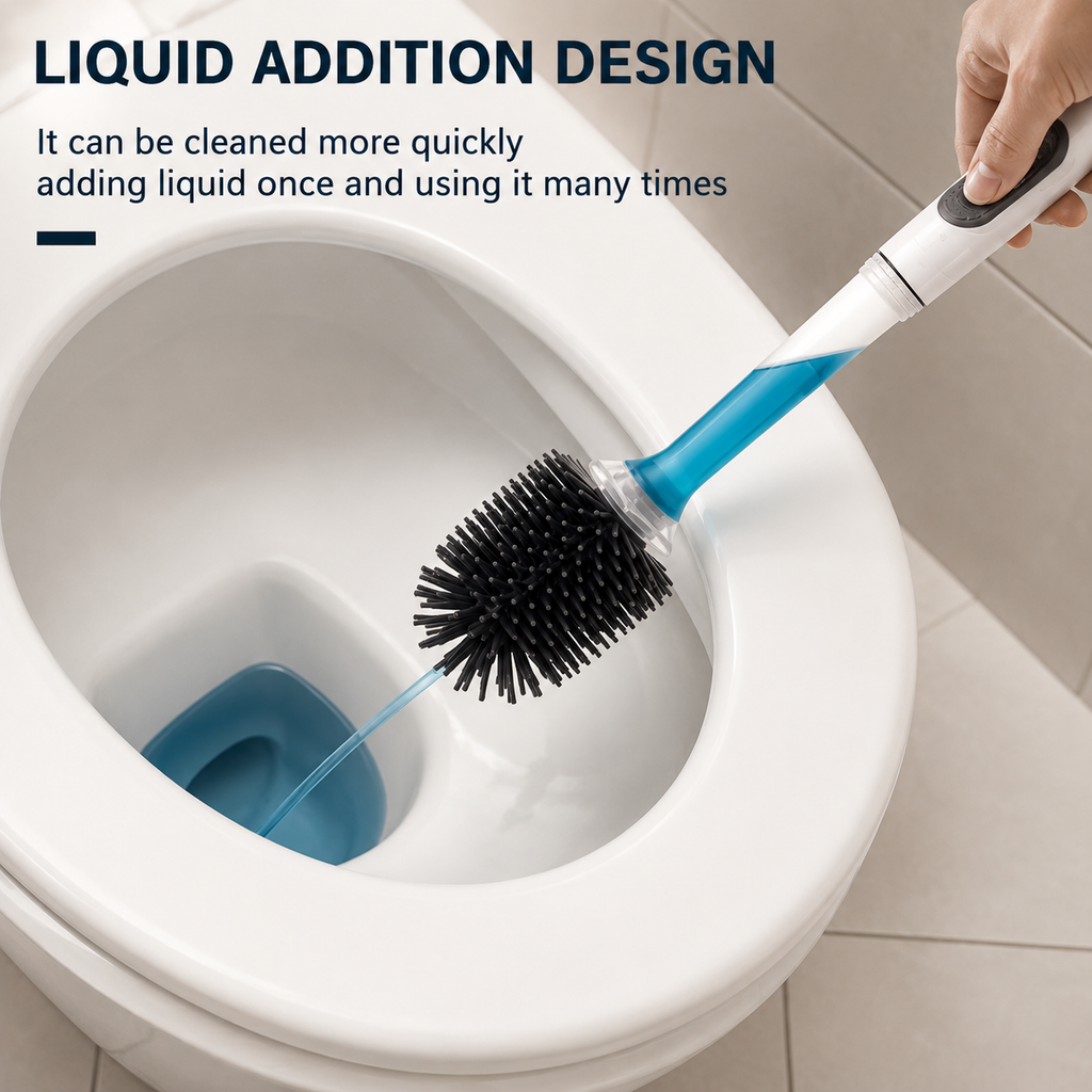 Spray toilet brush with blue liquid stream cleaning inside toilet bowl