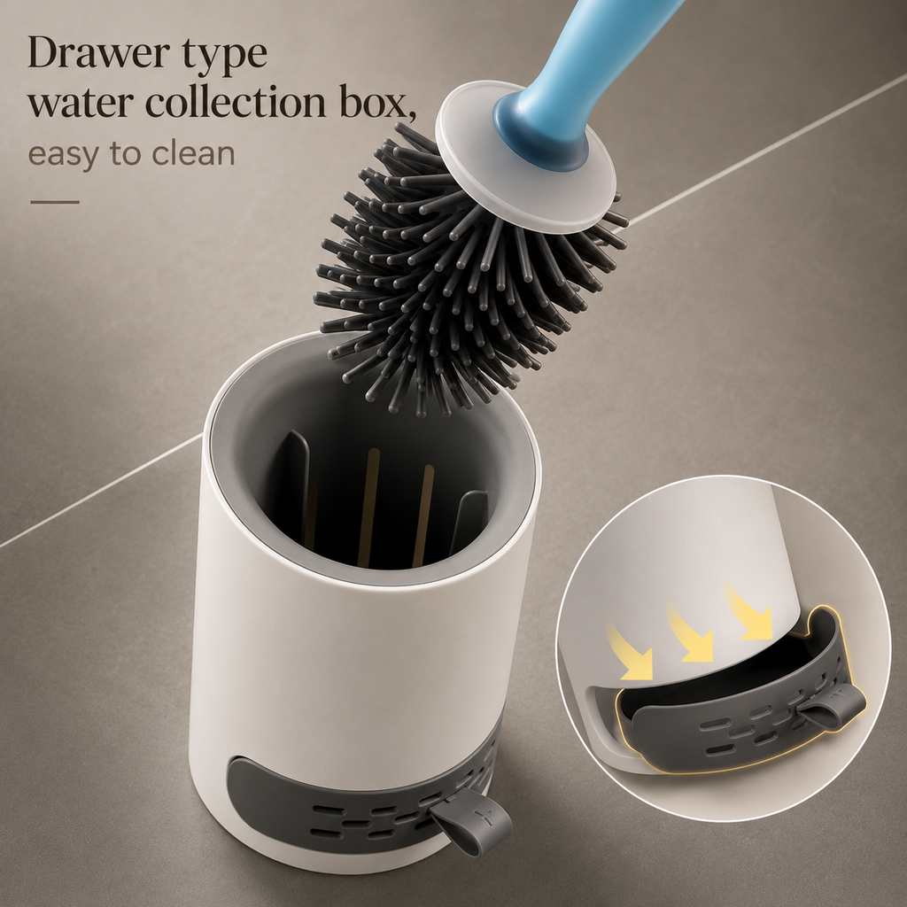 Toilet brush with white holder and black bristle head, angled for cleaning