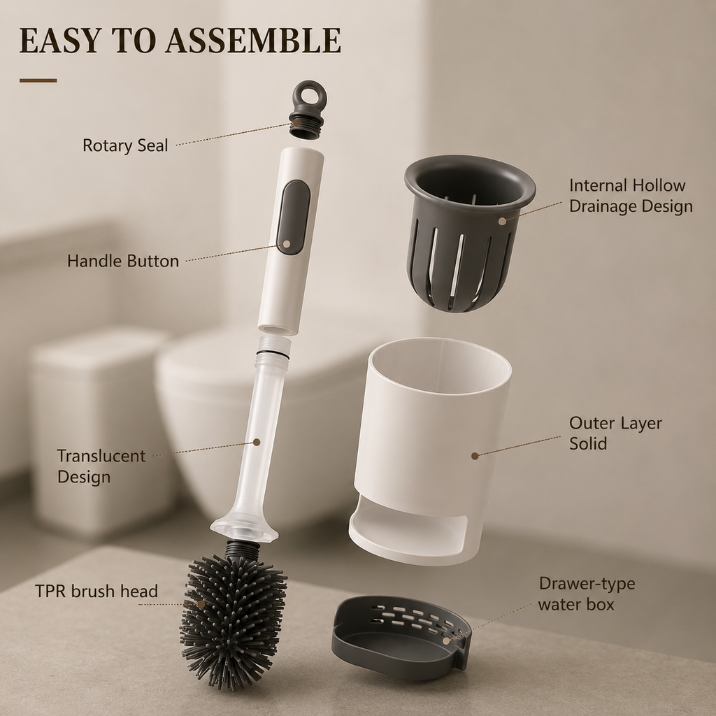 Toilet brush and parts kit with white handle, base cup, and brush head