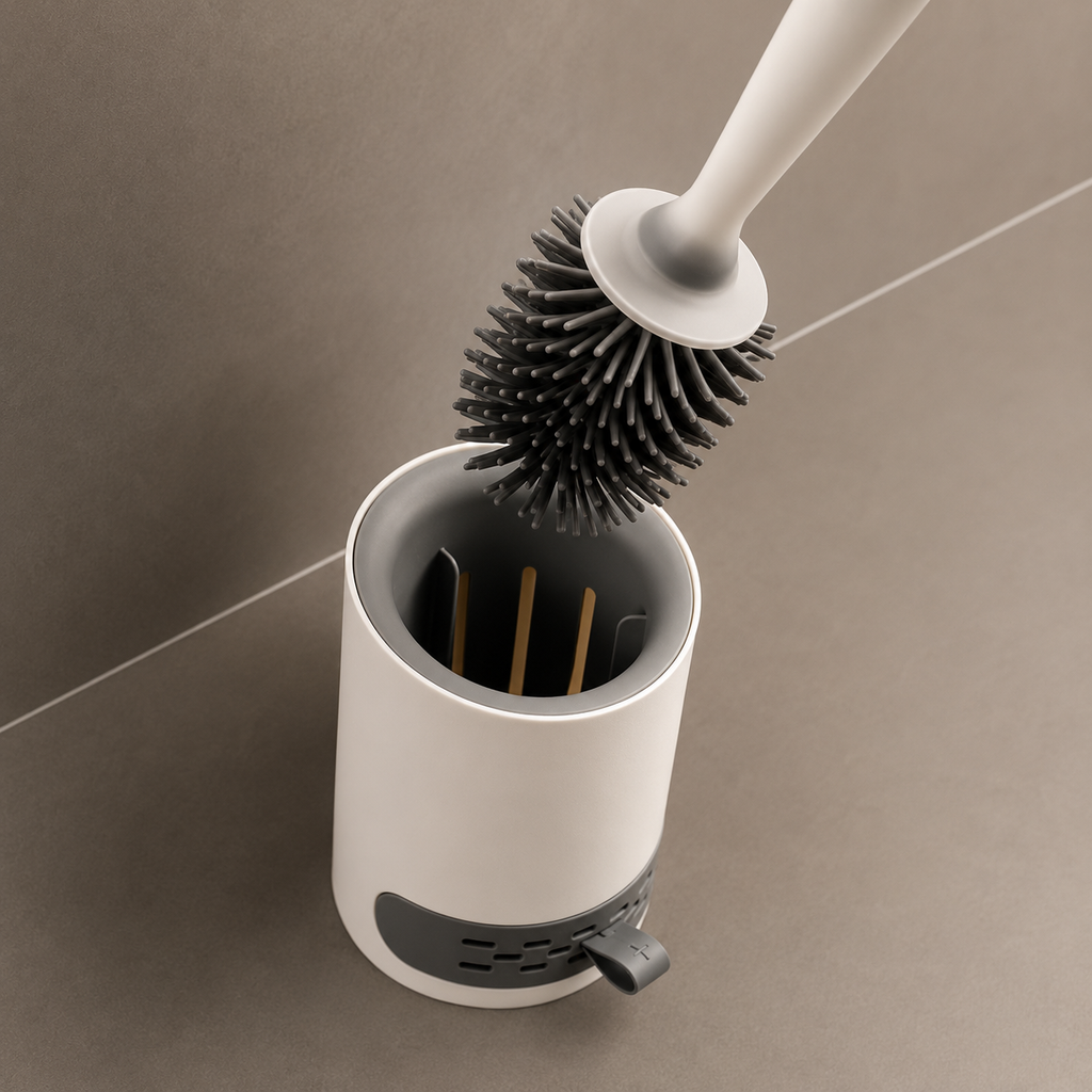 Spray toilet brush with white handle and black bristle head, upright in holder