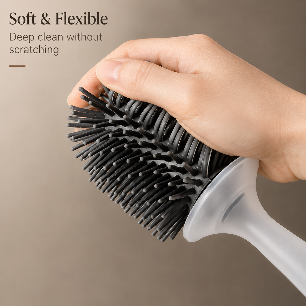 Soft black bristle toilet brush head held in hand on white handle