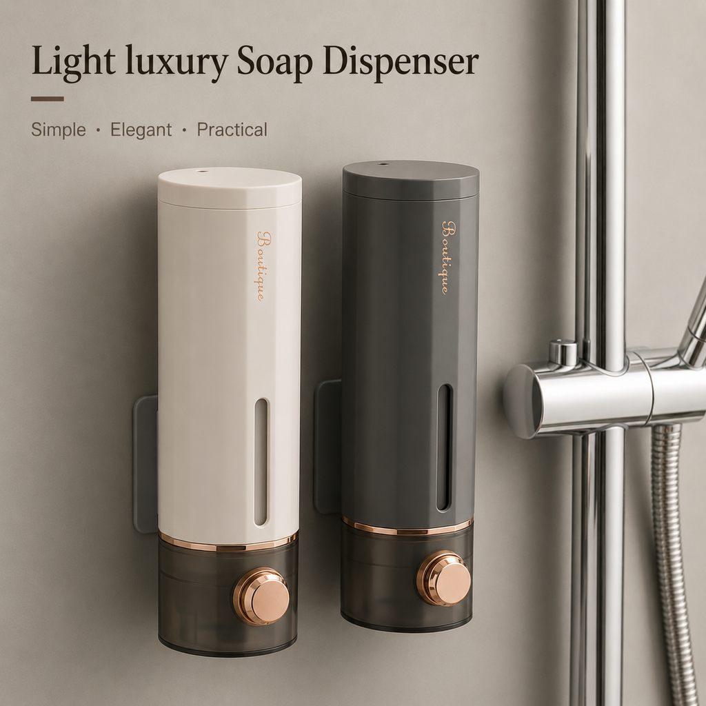 Wall soap dispenser, white with dark base and round bronze dispense button.